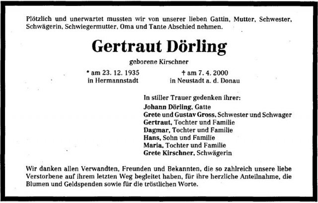 Kirschner Gertraut 1935-2000 Todesanzeige